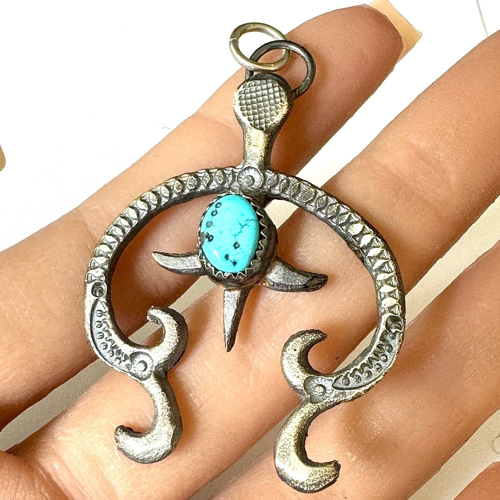 Navajo Naja Pendant Turquoise 2in Signed Billah Sterling Squash Blossom Nugget 2